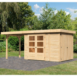 Abri de jardin en bois massif 6,25m² Retola 2 avec armoire intégrée et appentis 240cm – Karibu 