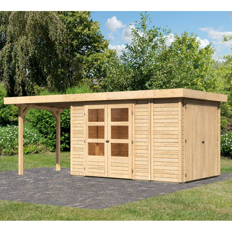 Abri de jardin en bois massif 6,92m² Retola 3 avec armoire intégrée et appentis 240cm – Karibu 