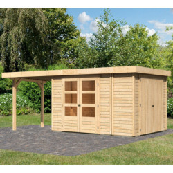 Abri de jardin en bois massif 7,85m² Retola 4 avec armoire intégrée et appentis 240cm – Karibu 