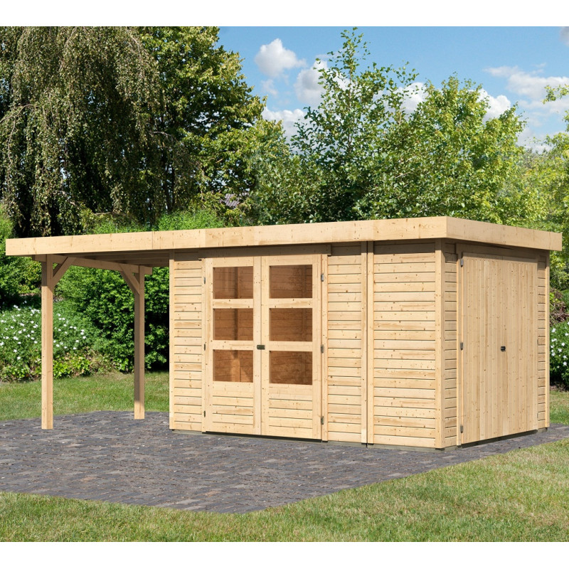 Abri de jardin en bois massif 7,85m² Retola 4 avec armoire intégrée et appentis 240cm – Karibu 