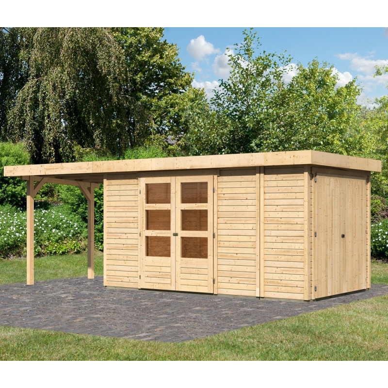Abri de jardin en bois massif 8,18m² Retola 5 avec armoire intégrée et appentis 240cm – Karibu 