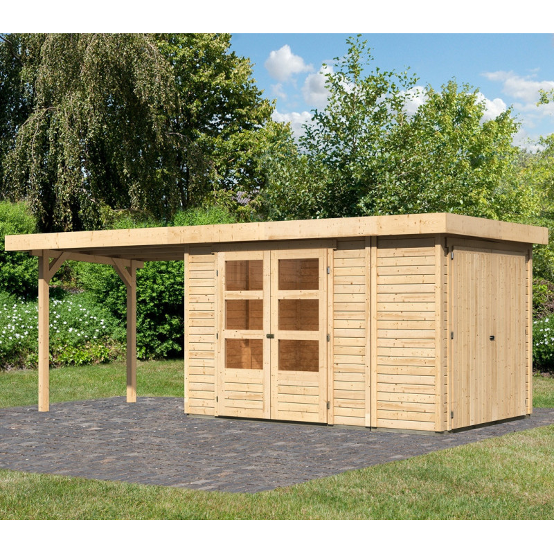 Abri de jardin en bois massif 6,92m² Retola 3 avec armoire intégrée et appentis 280cm – Karibu 