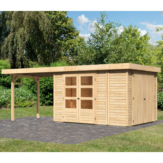 Abri de jardin en bois massif 7,85m² Retola 4 avec armoire intégrée et appentis 280cm – Karibu 