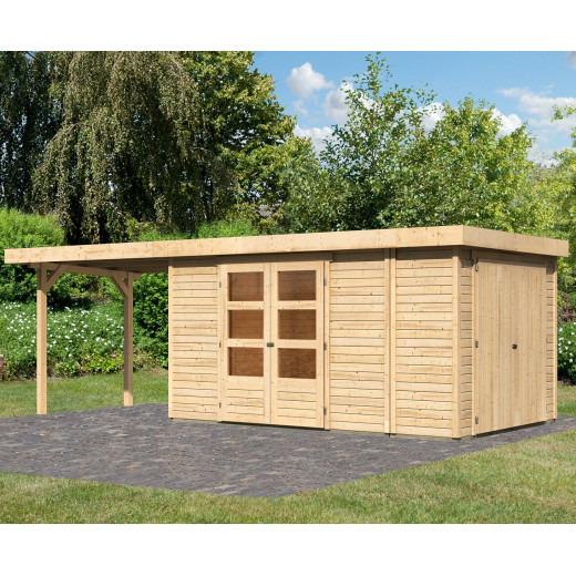 Abri de jardin en bois massif 9,27m² Retola 6 avec armoire intégrée et appentis 280cm – Karibu 