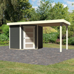 Abri de jardin en bois massif gris terre 4,62m² Schwandorf 3 avec appentis 240cm – Karibu 