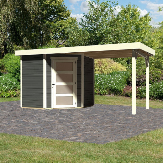 Abri de jardin en bois massif gris terre 4,62m² Schwandorf 3 avec appentis 240cm – Karibu 