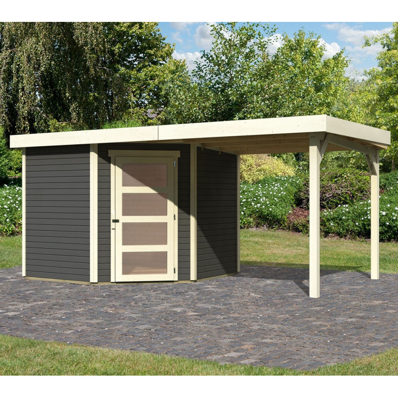 Abri de jardin en bois massif gris terre 5,95m² Schwandorf 5 avec appentis 240cm – Karibu 