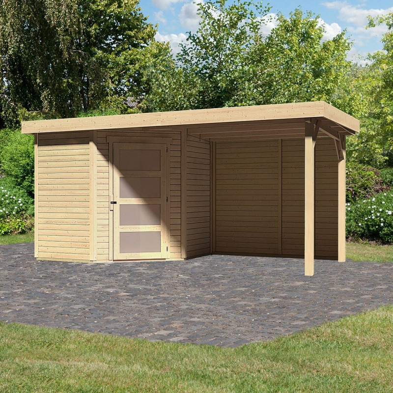 Abri de jardin en bois massif 4,62m² Schwandorf 3 avec appentis 240cm et paroi arrière – Karibu 