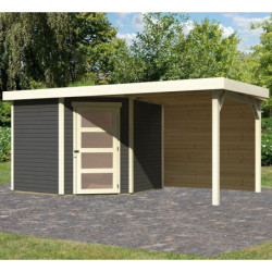 Abri de jardin en bois massif gris terre 5,95m² Schwandorf 5 avec appentis 240cm et paroi arrière – Karibu 