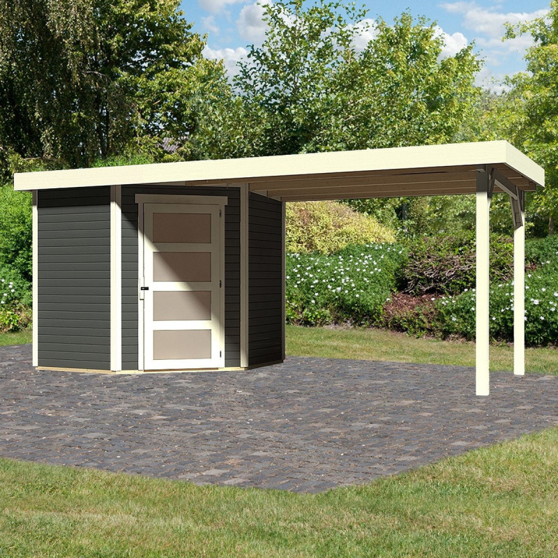 Abri de jardin en bois massif gris terre 4,62m² Schwandorf 3 avec appentis 280cm – Karibu 