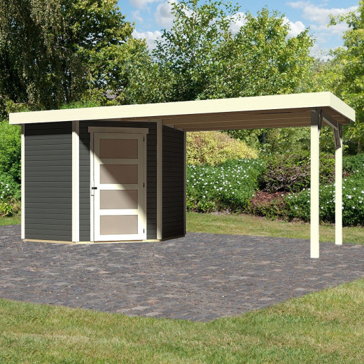Abri de jardin en bois massif gris terre 4,62m² Schwandorf 3 avec appentis 280cm – Karibu 