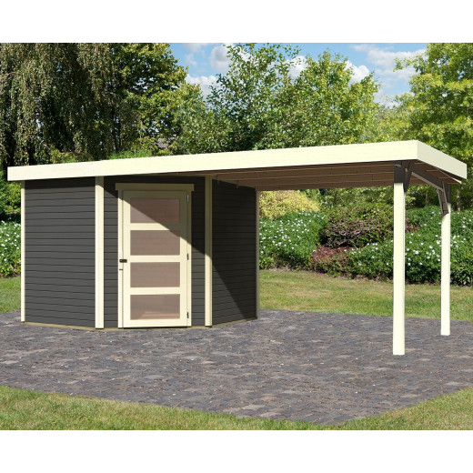 Abri de jardin en bois massif gris terre 5,95m² Schwandorf 5 avec appentis 280cm – Karibu 