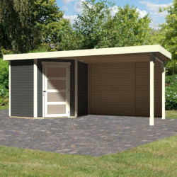 Abri de jardin en bois massif gris terre 4,62m² Schwandorf 3 avec appentis 280cm et paroi arrière – Karibu 