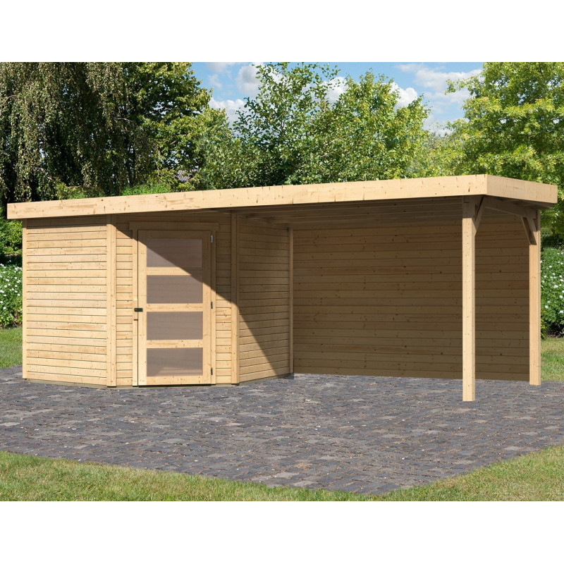 Abri de jardin en bois massif 5,95m² Schwandorf 5 avec appentis 280cm et paroi arrière – Karibu 