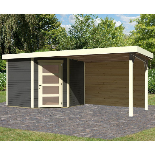 Abri de jardin en bois massif gris terre 5,95m² Schwandorf 5 avec appentis 280cm et paroi arrière – Karibu 