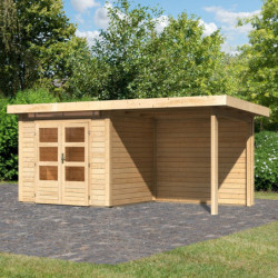Abri de jardin en bois massif 4,98m² Kandern 2 avec appentis 235cm et paroi arrière – Woodfeeling