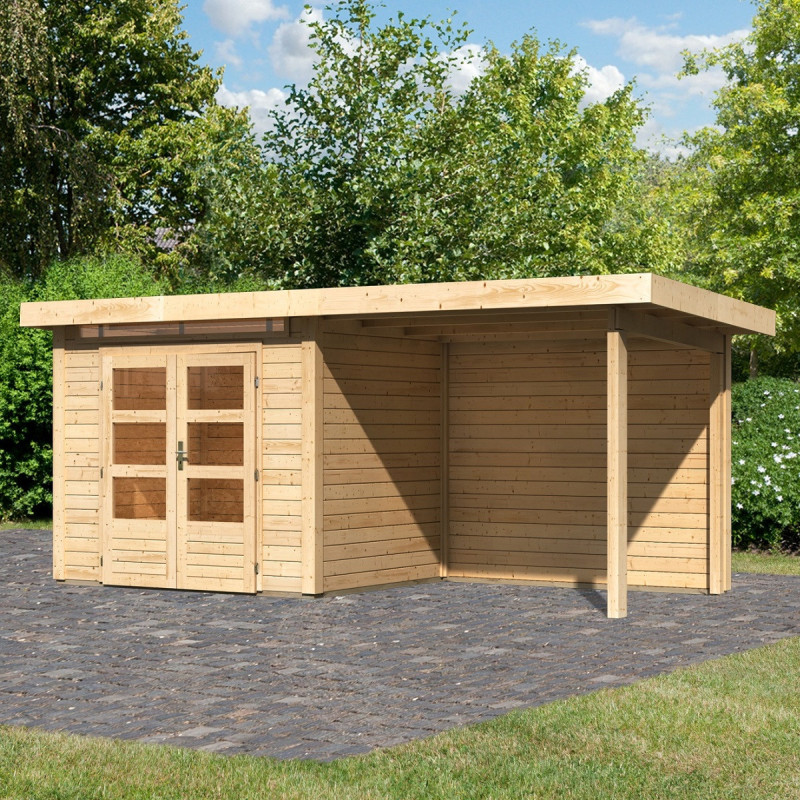 Abri de jardin en bois massif 4,98m² Kandern 2 avec appentis 235cm et paroi arrière – Woodfeeling