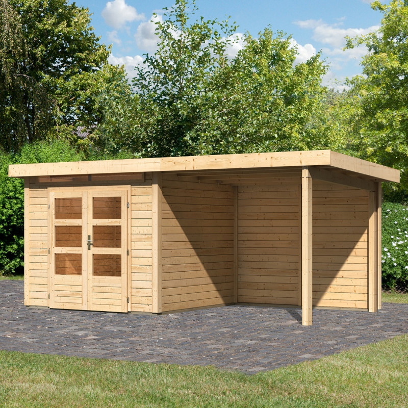 Abri de jardin en bois massif 5,95m² Kandern 3 avec appentis 235cm et paroi arrière – Karibu 