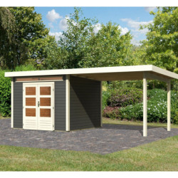 Abri de jardin en bois massif gris terre 7,50m² Kandern 6 avec appentis 320cm – Karibu 