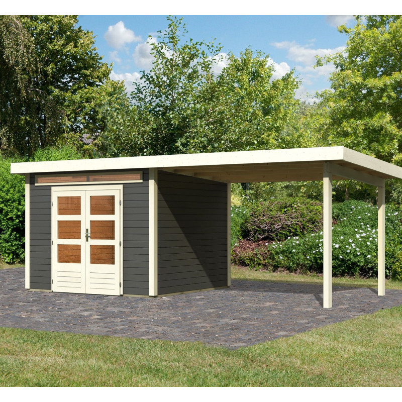Abri de jardin en bois massif gris terre 7,50m² Kandern 6 avec appentis 320cm – Karibu 
