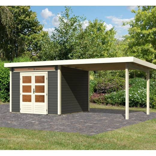 Abri de jardin en bois massif gris terre 7,50m² Kandern 6 avec appentis 320cm – Karibu 