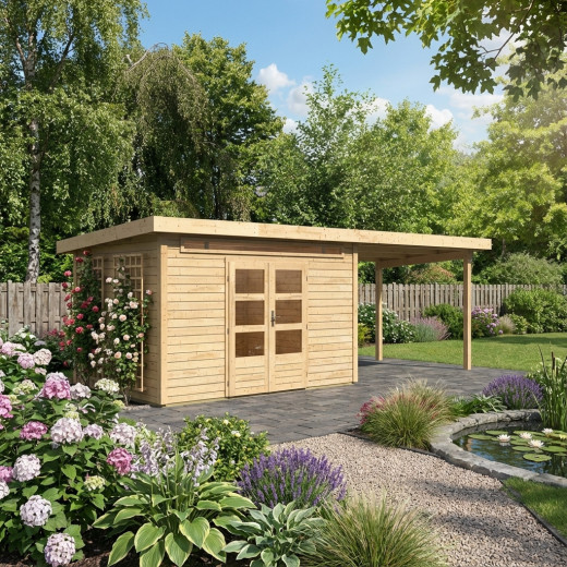 Abri de jardin en bois massif 8,88m² Kandern 7 avec appentis 320cm – Karibu 