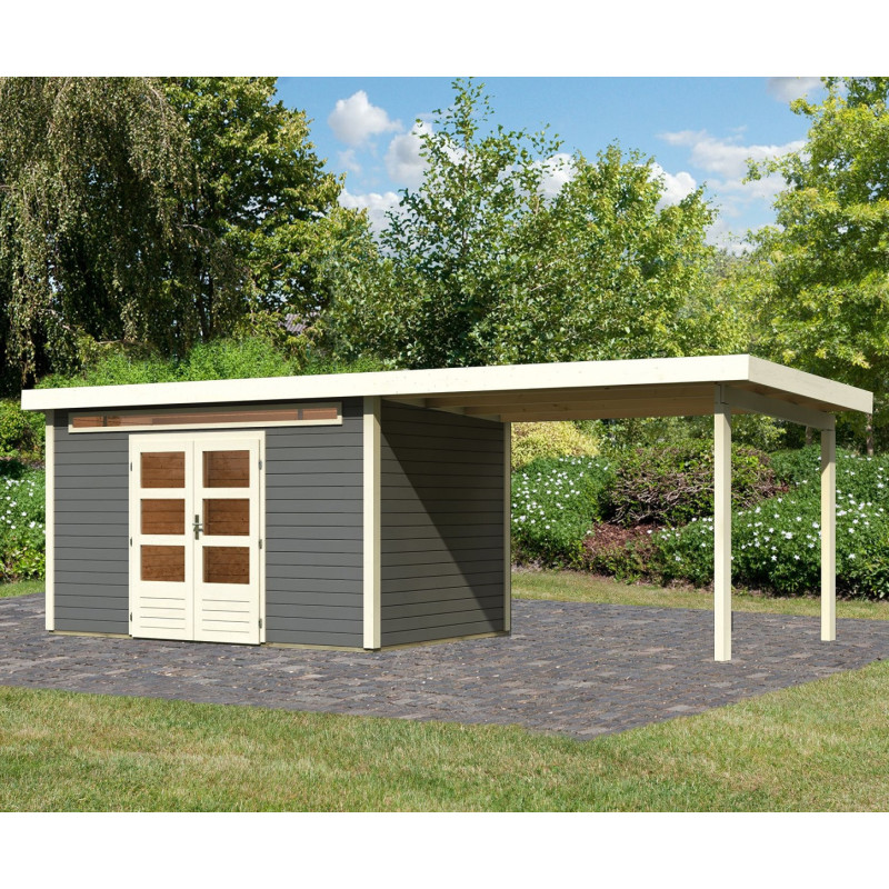 Abri de jardin en bois massif gris terre 8,88m² Kandern 7 avec appentis 320cm – Karibu 
