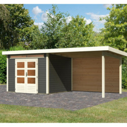Abri de jardin en bois massif gris terre 7,50m² Kandern 6 avec appentis 320cm et paroi arrière – Karibu 