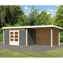Abri de jardin en bois massif gris terre 8,88m² Kandern 7 avec appentis 320cm et paroi arrière – Karibu 