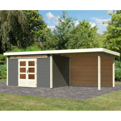 Abri de jardin en bois massif gris terre 8,88m² Kandern 7 avec appentis 320cm et paroi arrière – Karibu 