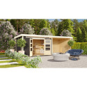 Abri de jardin en bois massif gris terre 8,88m² Kandern 7 avec appentis 320cm et paroi arrière – Karibu 