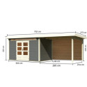 Abri de jardin en bois massif gris terre 8,88m² Kandern 7 avec appentis 320cm et paroi arrière – Karibu 