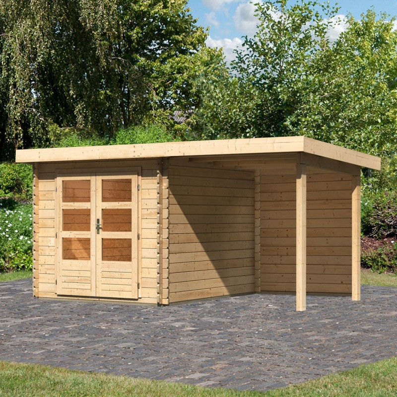 Abri de jardin en bois massif 7,04m² Bastrup 4 avec appentis 200cm et paroi arrière – Karibu 