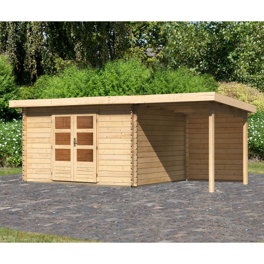 Abri de jardin en bois massif 10,60m² Bastrup 7 avec appentis 200cm et paroi arrière – Karibu 