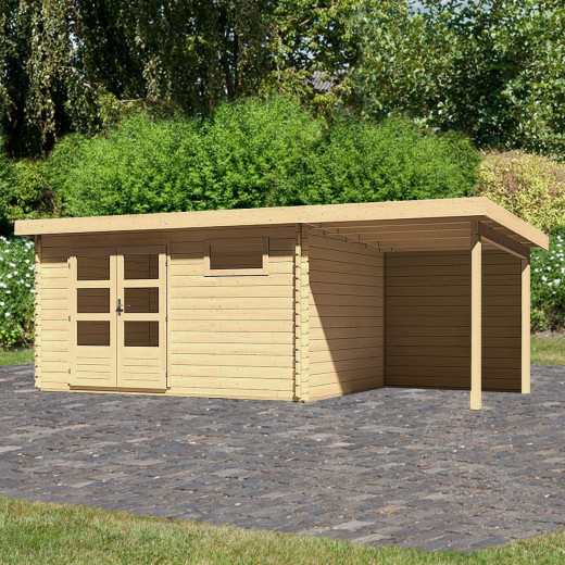 Abri de jardin en bois massif 11,49m² Bastrup 8 avec appentis 200cm et paroi arrière – Karibu 