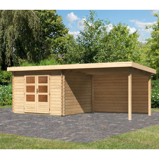 Abri de jardin en bois massif 8,82m² Bastrup 5 avec appentis 300cm et paroi arrière – Karibu 