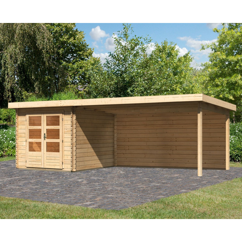 Abri de jardin en bois massif 7,04m² Bastrup 4 avec appentis 400cm et paroi arrière – Karibu 