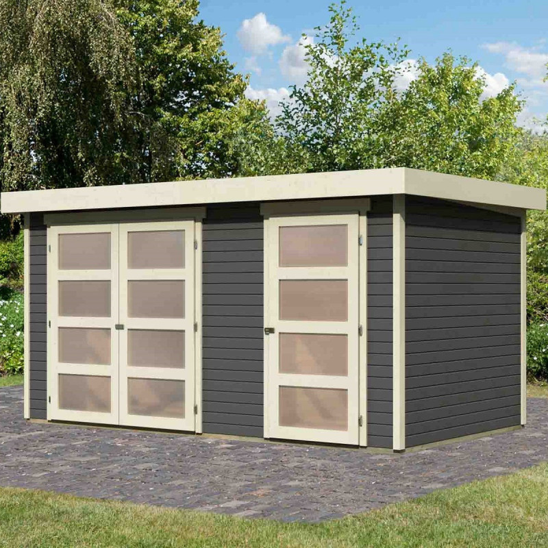 Abri de jardin en bois massif gris terre 8,77m² avec cloison intérieure Mühlentrup 1 – Karibu 