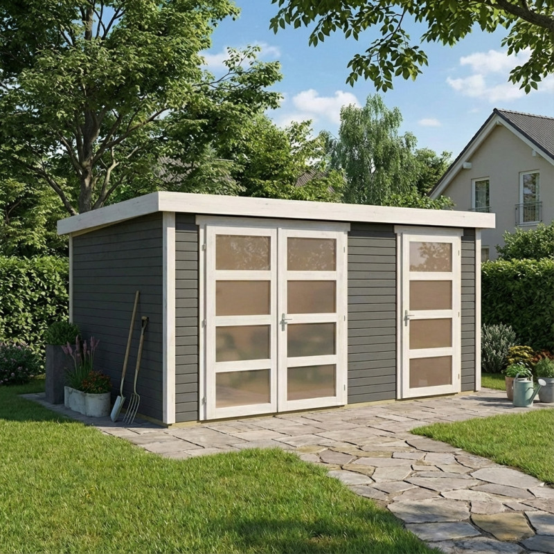Abri de jardin en bois massif gris terre 10,98m² avec cloison intérieure Mühlentrup 2  – Karibu 