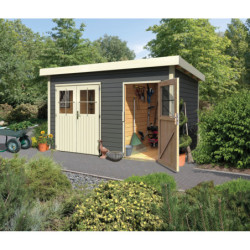 Abri de jardin en bois massif gris terre 8,88m² avec cloison intérieure Tintrup – Karibu 