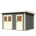 Abri de jardin en bois massif gris terre 8,88m² avec cloison intérieure Tintrup – Karibu 