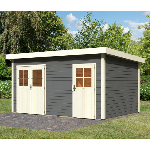 Abri de jardin en bois massif gris terre 11,62m² avec cloison intérieure Mattrup – Karibu 