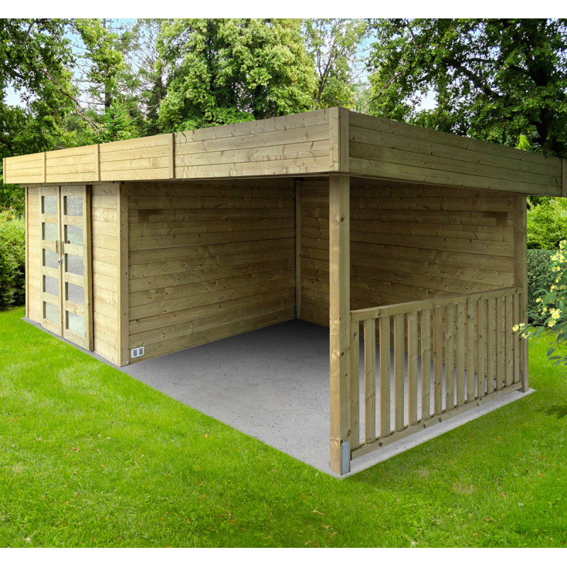 Abri de jardin Arhus 8,17m² en bois massif 28mm avec terrasse couverte - SOLID