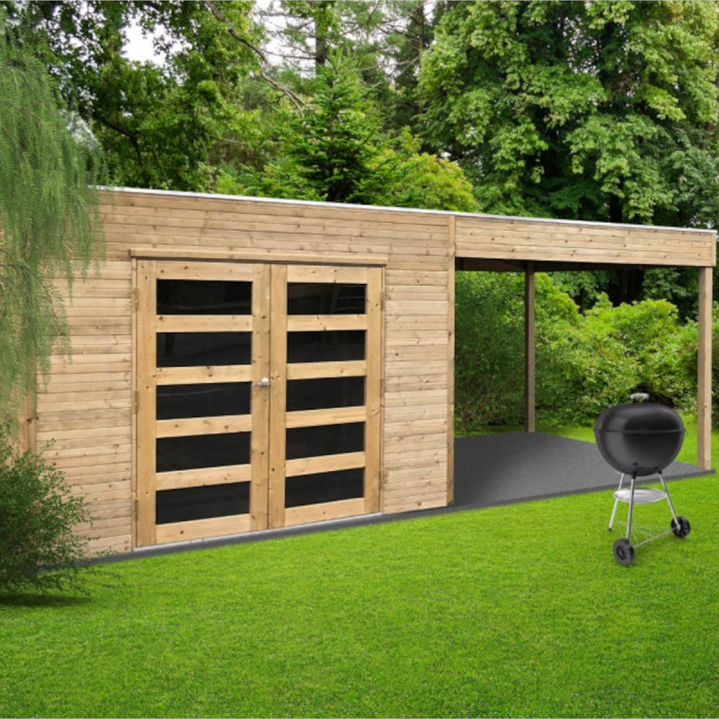 Abri de jardin Salerno 11,76m² en bois traité autoclave 19mm avec terrasse couverte - SOLID
