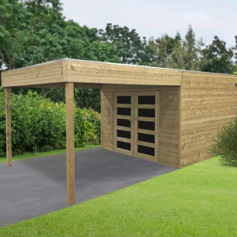 Abri de jardin Matera 8,69m² en bois traité autoclave 19mm avec terrasse couverte - SOLID