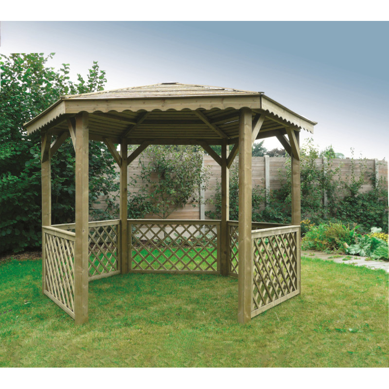 Pavillon de jardin hexagonal 6,68m² en bois traité autoclave avec balustrades - SOLID