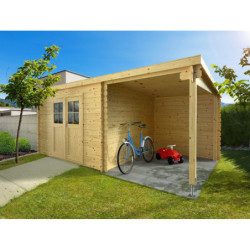 Abri de jardin en bois massif 15m² avec appentis - madriers 28mm - Eden