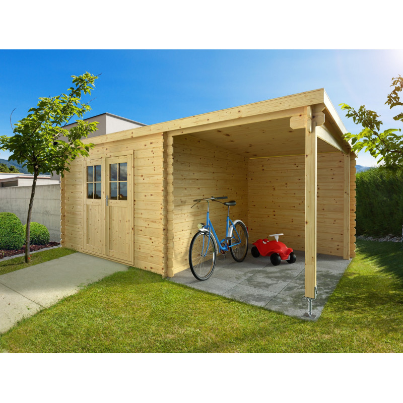 Abri de jardin en bois massif 15m² avec appentis - madriers 28mm - Eden
