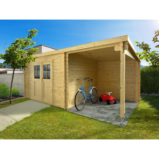 Abri de jardin en bois massif 15m² avec appentis - madriers 28mm - Eden