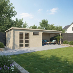 Abri de jardin en bois massif 24m² avec appentis - madriers 34mm - Eden